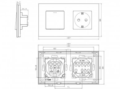 Dvipolis mechaninis jungiklis su kištukiniu lizdu, su įžeminimu, su stikliniu rėmeliu (baltas) 1